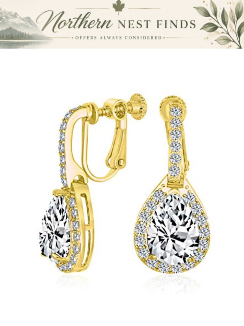 CZ Teardrop Clip On Earrings Screw Back Gold Plated Brass
